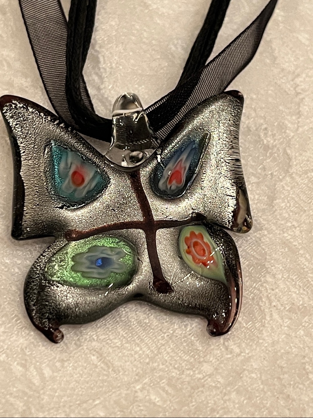 Handmade Glass Butterfly Pendant Necklace - Black Ribbon